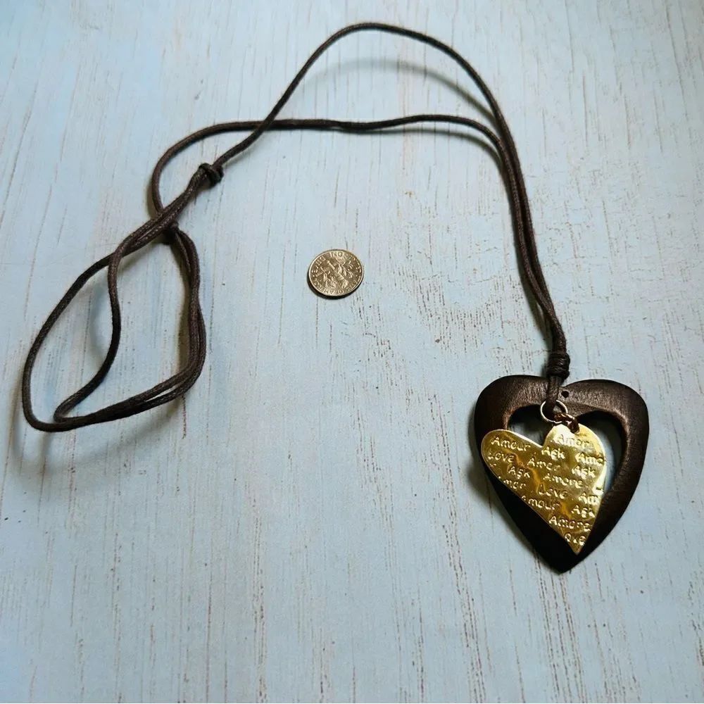 BZK Turkey Brown Gold Wood Amore Love Heart Necklace
